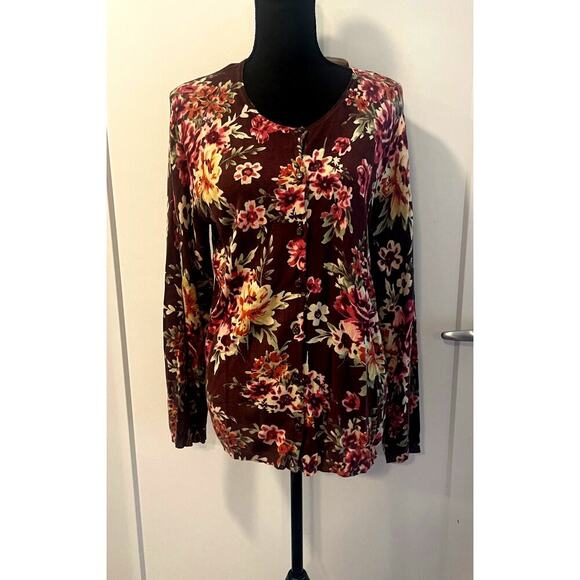 Karen Scott women's floral button down cardigan long sleeves pearl brown buttons - Picture 1 of 14